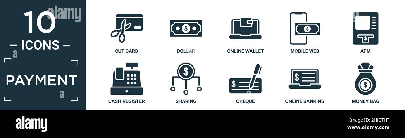 set di icone di pagamento riempite. contenere carta flat cut, dollaro, portafoglio online, web mobile, bancomat, registratore di cassa, condivisione, assegno, online banking, icona della borsa di denaro Illustrazione Vettoriale
