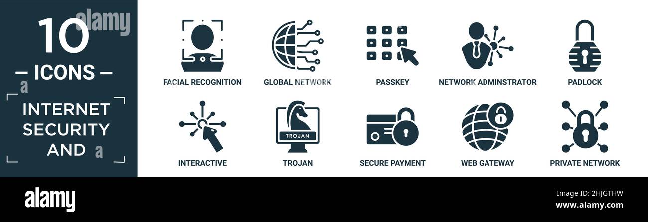 protezione internet e set di icone riempiti. contengono riconoscimento facciale piatto, rete globale, passkey, amministratore di rete, lucchetto, interattivo, trojan, s Illustrazione Vettoriale