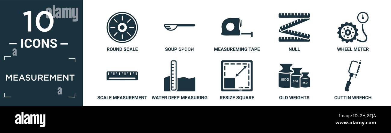 set di icone di misurazione riempite. contengono scala rotonda piatta, cucchiaio per zuppa, nastro di misurazione, null, misuratore di ruota, misurazione scala, misurazione profondità acqua, resiz Illustrazione Vettoriale