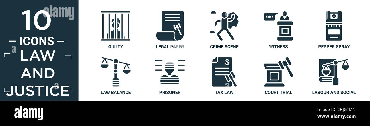 set di icone piene di legge e giustizia. contengono un colpevole piatto, carta legale, scena del crimine, testimone, pepe spray, equilibrio della legge, prigioniero, diritto fiscale, processo giudiziario, la Illustrazione Vettoriale
