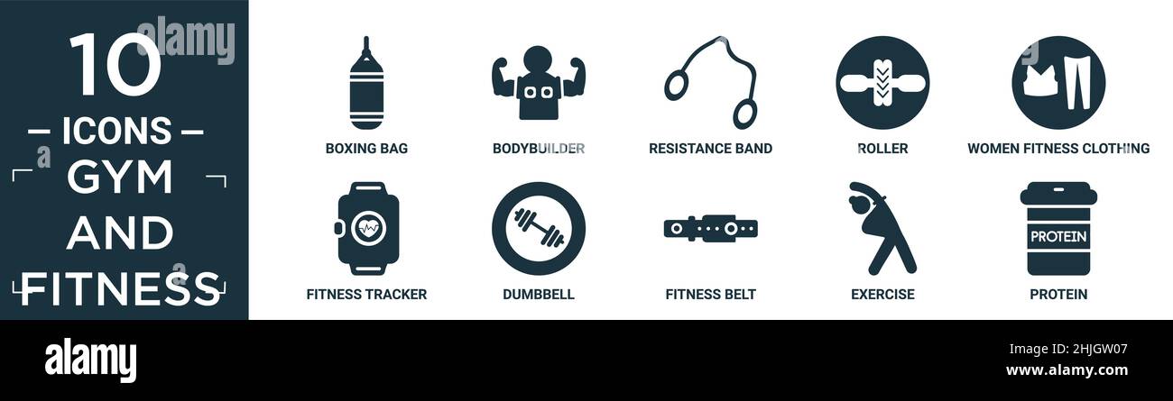 set di icone di fitness e palestra riempito. contiene sacco boxing piatto, bodybuilder, banda di resistenza, rullo, abbigliamento fitness donne, fitness tracker, dumbbell, fit Illustrazione Vettoriale