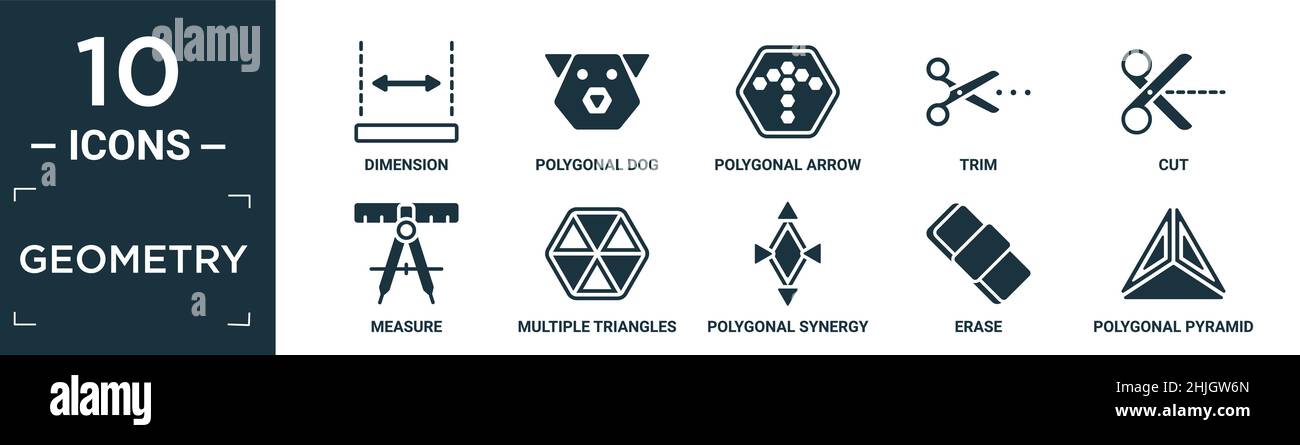 set di icone geometria riempita. contiene quota piatta, cane poligonale, freccia poligonale su, accorcia, taglia, misura, triangoli multipli all'interno di esagono, poligonale Illustrazione Vettoriale