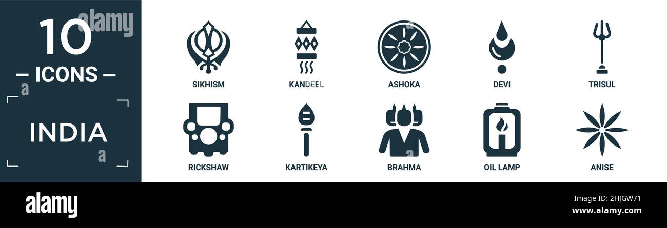 set di icone in india pieno. contengono sikhism piatto, kandeel, ashoka, def, trisul, risciò, kartikya, brahma, lampada a olio, icone anice in formato modificabile. Illustrazione Vettoriale