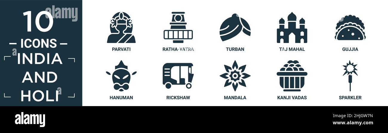 india piena e holi icona set. contengono piatto parvati, ratha-yatra, turbante, taj mahal, gujjia, hanuman, risciò, mandala, kanji vadas, icone scintillanti Illustrazione Vettoriale
