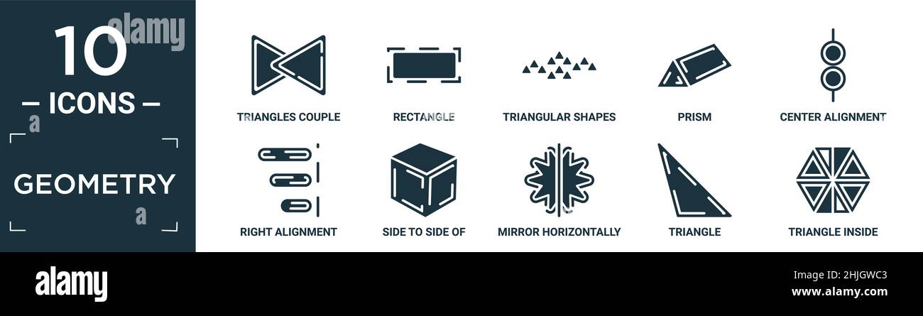 set di icone geometriche riempite. contiene coppie triangoli piatte, rettangolo, forme triangolari che formano onde, prisma, allineamento centrale, allineamento destro, lato a. Illustrazione Vettoriale