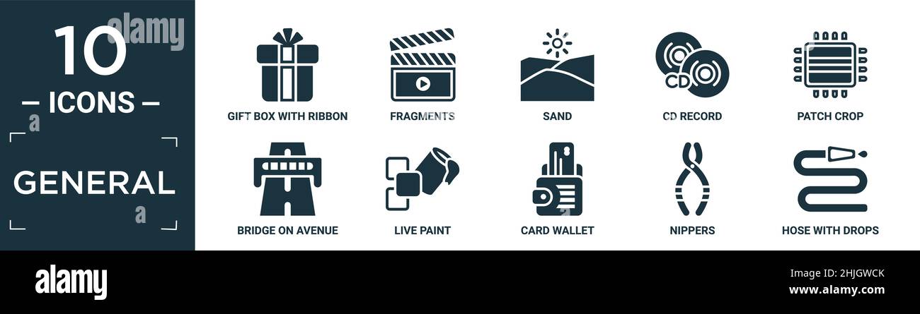 set di icone generali riempito. contiene scatola regalo piatta con nastro, frammenti, sabbia, cd record, patch crop, ponte sul viale prospettiva, pittura dal vivo, carta wal Illustrazione Vettoriale