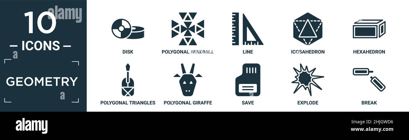 set di icone di geometria riempita. contengono disco piatto, mulino a vento poligonale, linea, icosaedro, esaedro, chitarra poligonale triangoli, giraffa poligonale, save, e. Illustrazione Vettoriale