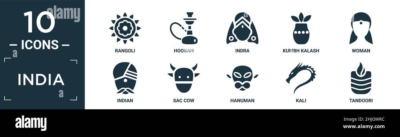 riempito india icona set. contenere rangoli piatto, hookah, indra, kumbh kalash, donna, icone indiane, mucche sac, hanuman, kali, tandoori in formato modificabile. Illustrazione Vettoriale