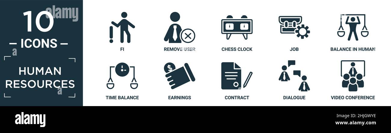 set di icone piene di risorse umane. contengono flat fi, rimuovere utente, orologio a scacchi, lavoro, equilibrio in risorse umane, equilibrio di tempo, guadagni, contratto, dialogu Illustrazione Vettoriale