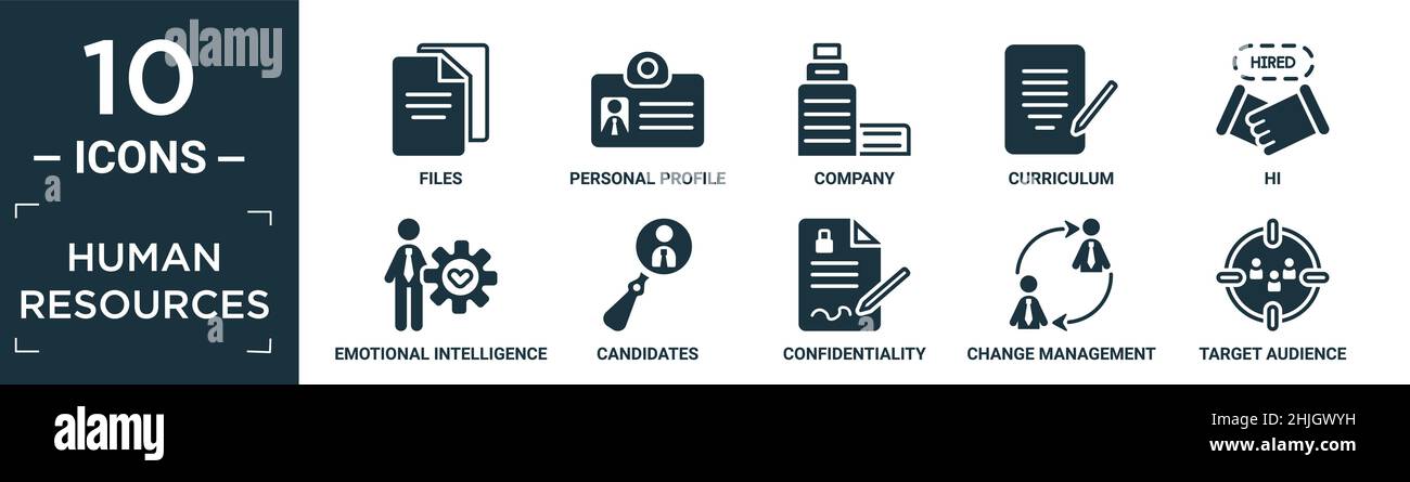 set di icone piene di risorse umane. contengono file flat, profilo personale, azienda, curriculum, hi, intelligenza emotiva, candidati, riservatezza ag Illustrazione Vettoriale