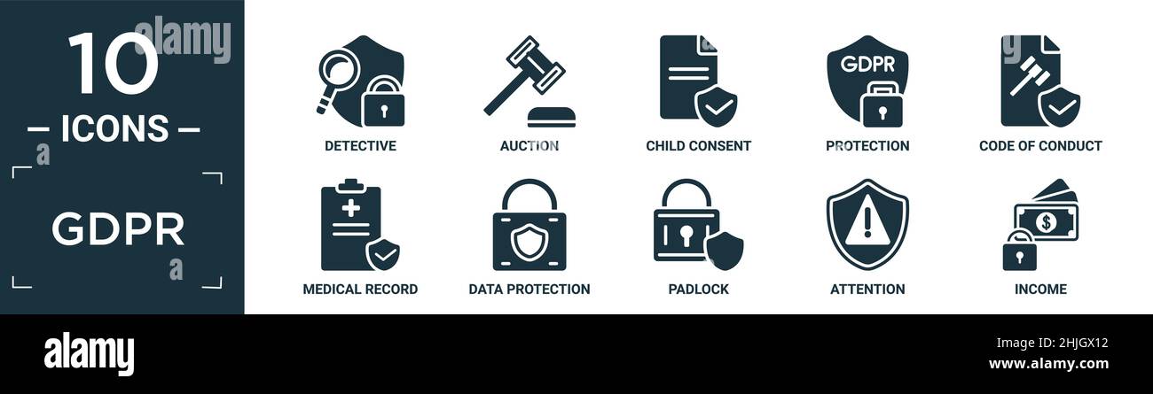 set di icone riempite del gdpr. contiene un detective piatto, un'asta, il  consenso dei bambini, la protezione, il codice di condotta, cartella clinica,  protezione dei dati, lucchetto, attenzione Immagine e Vettoriale -