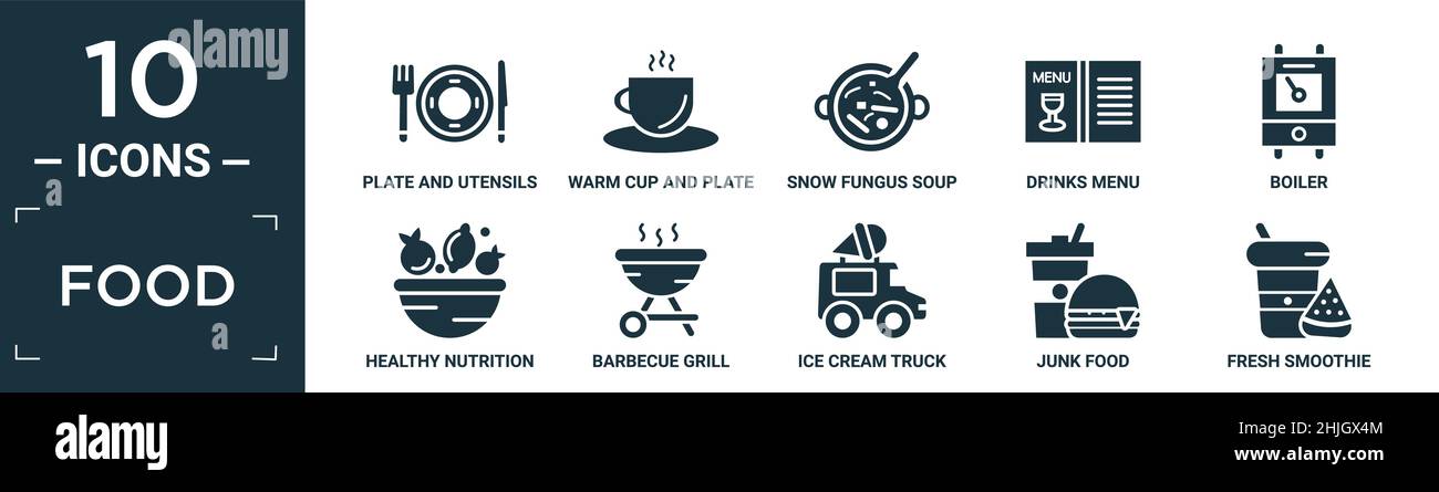 set di icone di cibo pieno. contiene piatto e utensili, tazza calda e piatto, zuppa di funghi neve, menu bevande, caldaia, nutrizione sana, barbecue, i Illustrazione Vettoriale