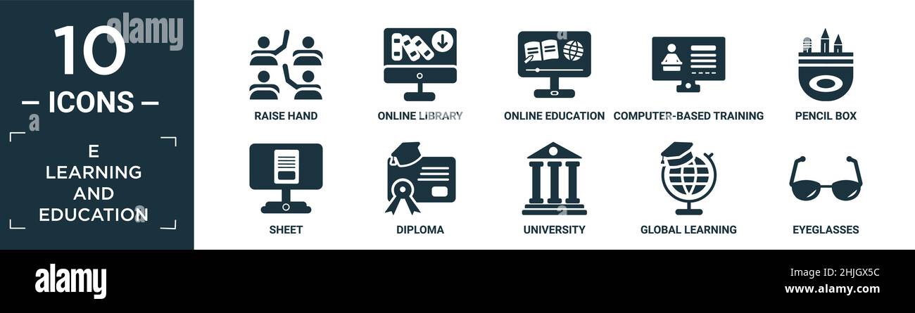 set di icone di e-learning e di istruzione pieni. contengono mano di sollevamento piatta, biblioteca online, formazione online, formazione basata su computer, scatola a matita, foglio, diplo Illustrazione Vettoriale
