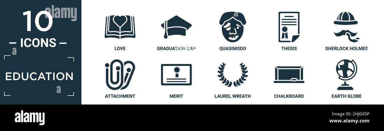 set di icone per l'istruzione riempito. contengono amore piatto, cappuccio di graduazione, quasimodo, tesi, holmes scerlock, attaccamento, merito, corona di alloro, lavagna, terra Illustrazione Vettoriale