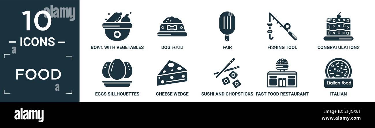 set di icone di cibo riempito. contiene piatto ciotola con verdure, cibo per cani, fiera, strumento di pesca, congratulazioni, uova sillhouette, cuneo di formaggio, sushi e cho Illustrazione Vettoriale