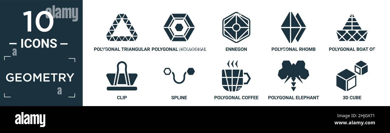 set di icone a geometria piena. contiene un riciclo triangolare poligonale piatto, esagonale poligonale, ennegon, rombo poligonale, barca di piccoli triangoli, clip, spl Illustrazione Vettoriale