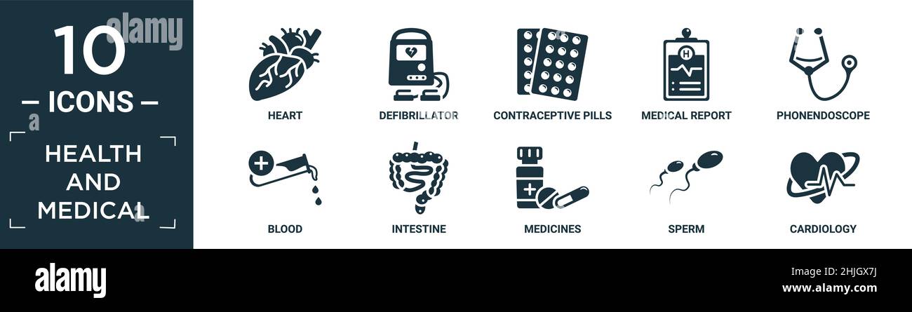 set di icone sanitarie e mediche piene. contengono cuore piatto, defibrillatore, pillole contraccettive, rapporto medico, phonendoscopio, sangue, intestino, medicinali Illustrazione Vettoriale