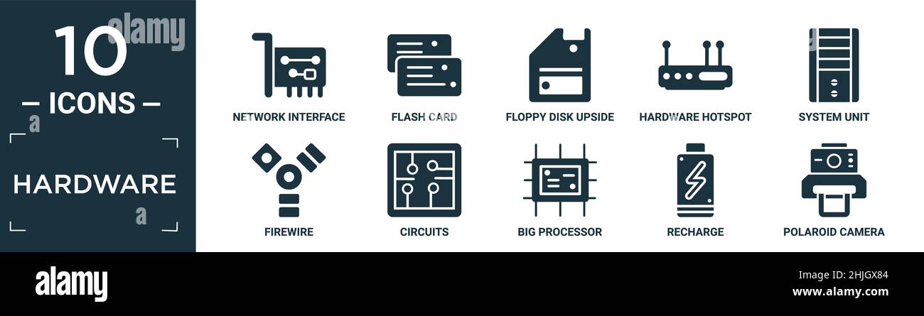 set di icone hardware pieno. contiene scheda di interfaccia di rete piatta, scheda flash, disco floppy capovolto, hotspot hardware, unità di sistema, firewire, circuiti, Illustrazione Vettoriale