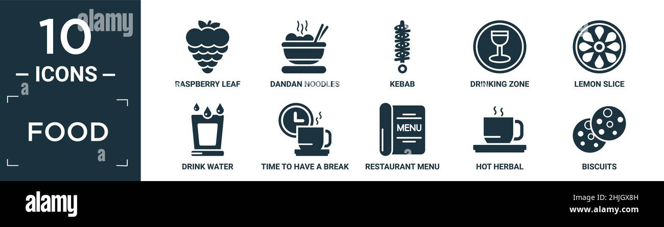 set di icone di cibo pieno. contengono foglie di lampone piatte, noodle dandane, kebab, zona bere, fetta di limone, bere acqua, tempo di fare una pausa, ristorante me Illustrazione Vettoriale