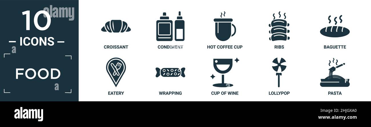 set di icone ripieni. contiene croissant piatto, condimento, tazza di caffè caldo, costolette, baguette, trattoria, confezionamento, bicchiere di vino, lecca lecca, pasta icone in edita Illustrazione Vettoriale