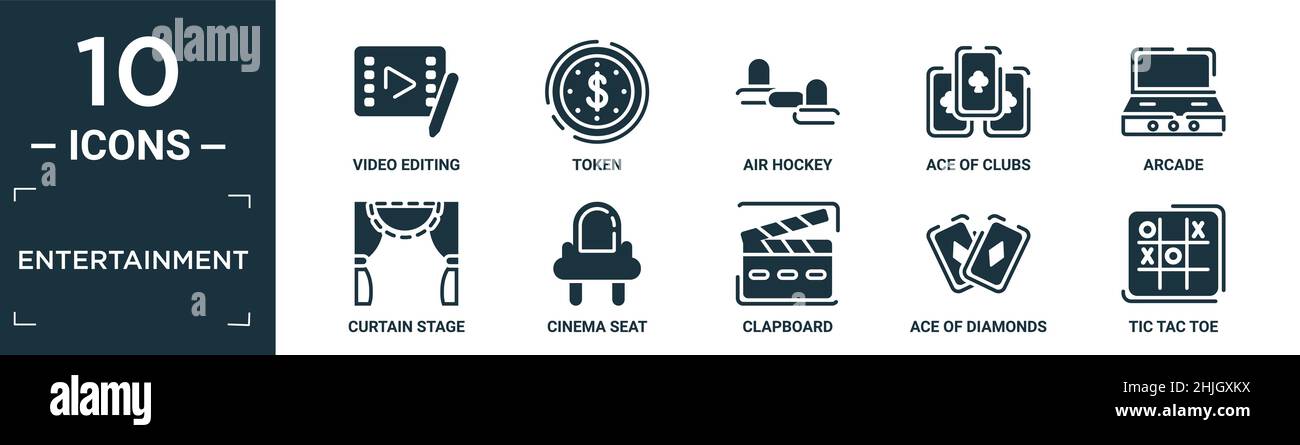 set di icone piene per l'intrattenimento. contiene video editing flat, token, hockey da tavolo, asso dei club, sala giochi, palco a tendina, cinema, clapboard, asso di diam Illustrazione Vettoriale