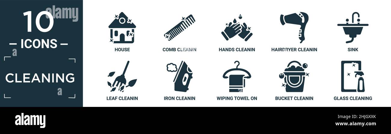 set di icone per la pulizia riempito. contiene una casa piatta, un pettine per la pulizia, una pulizia per le mani, un asciugacapelli, un lavandino, salvietta per pulizia in ferro a foglia su un appendiabiti, secchio vetro c Illustrazione Vettoriale