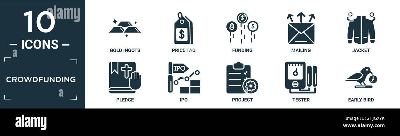 set di icone piene di crowdfunding. contengono lingotti d'oro piatti, tag di prezzo, finanziamento, spedizione, giacca, pegno, ipo, progetto, tester, icone dei primi uccelli in editabl Illustrazione Vettoriale