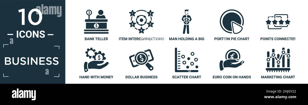 set di icone piene per il business. contenere sportello bancario piatto, interconnessioni articoli, uomo che tiene una moneta grande, grafico a torta porzione, grafico collegato punti, mano wit Illustrazione Vettoriale