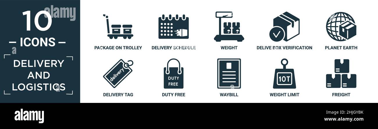 set di icone di consegna e logistica riempite. contenere il pacco piatto sul carrello, il programma di consegna, il peso, la verifica della scatola delive, planet earth, consegna ta Illustrazione Vettoriale