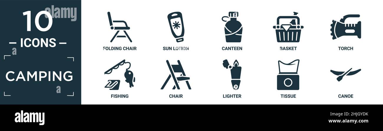 pieno accampamento icona set. contenere piatto sedia pieghevole, lozione solare, mensa, cestino, torcia, pesca, sedia, accendino, tissue, canoe icone in forma modificabile Illustrazione Vettoriale