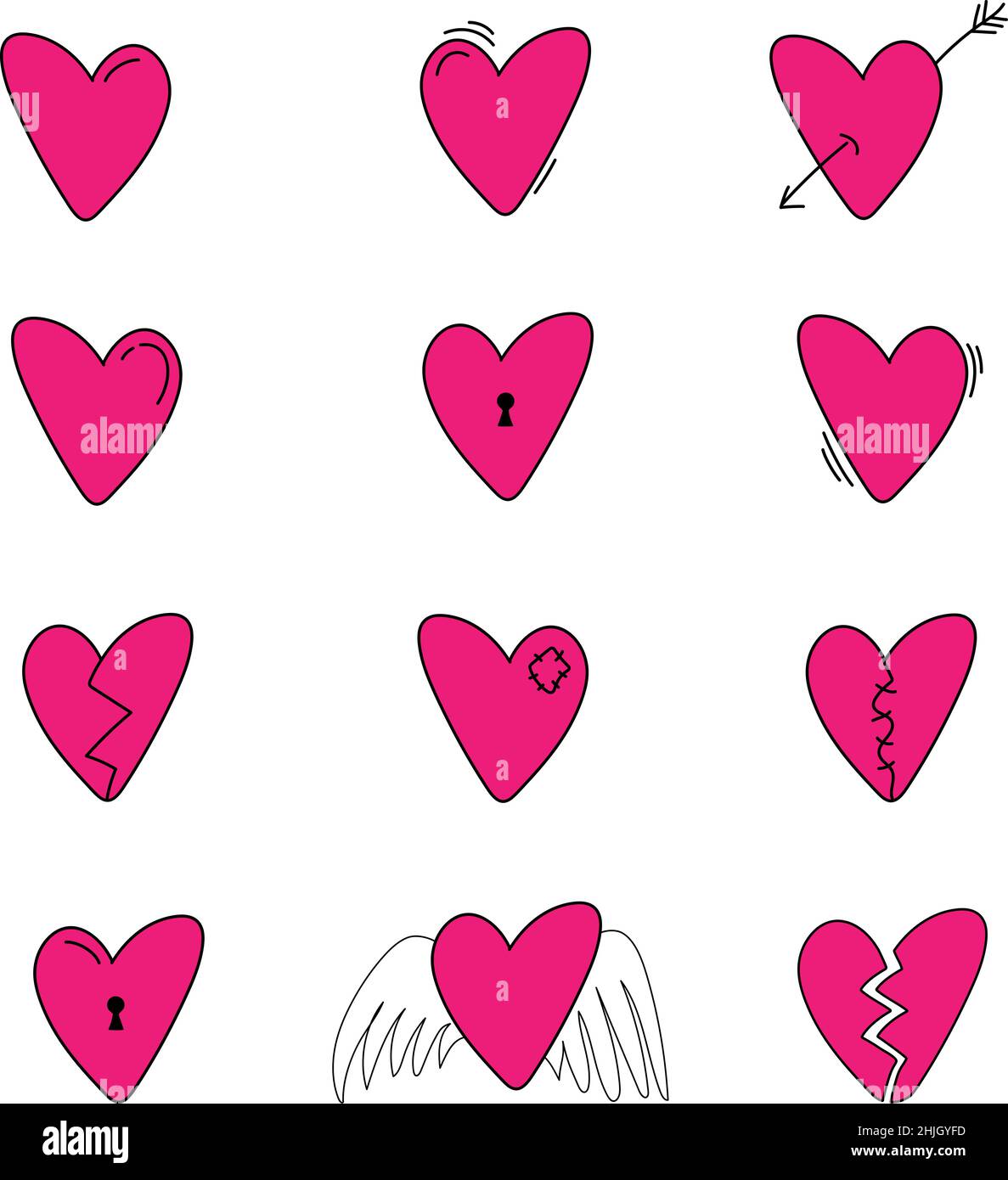 Adesivo cardiaco, elementi di noodle del giorno di San Valentino, set di cuori carini disegnati a mano Illustrazione Vettoriale