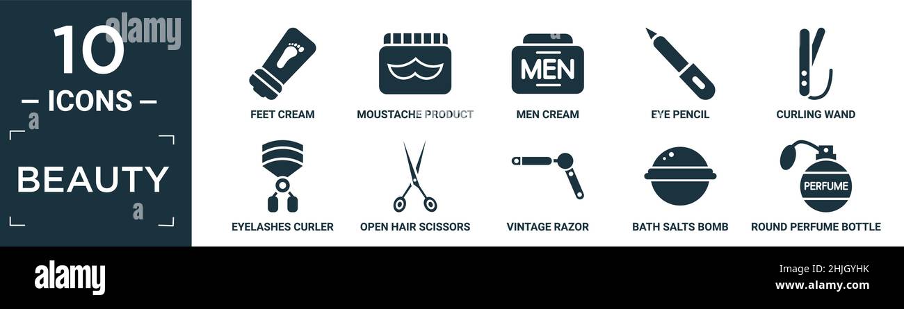 set di icone di bellezza piene. contengono crema piedi piatto, baffi prodotto, crema uomo, matita occhi, bacchetta arricciante, arricciacapelli, forbici aperte, vintage Illustrazione Vettoriale
