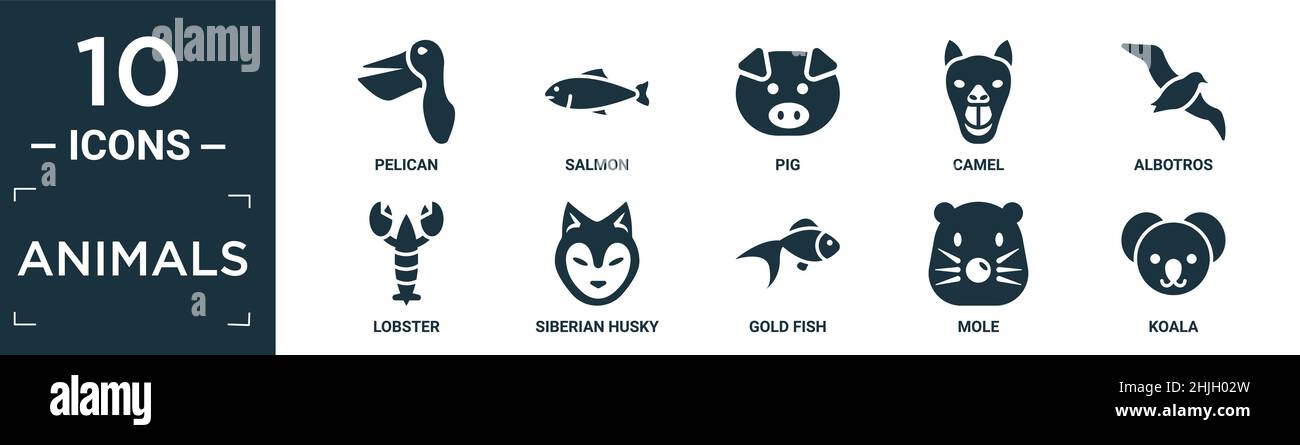 animali riempiti icona set. contengono pelican piatto, salmone, maiale, cammello, albotros, aragosta, husky siberiano, pesci d'oro, talpa, icone koala in formato modificabile. Illustrazione Vettoriale