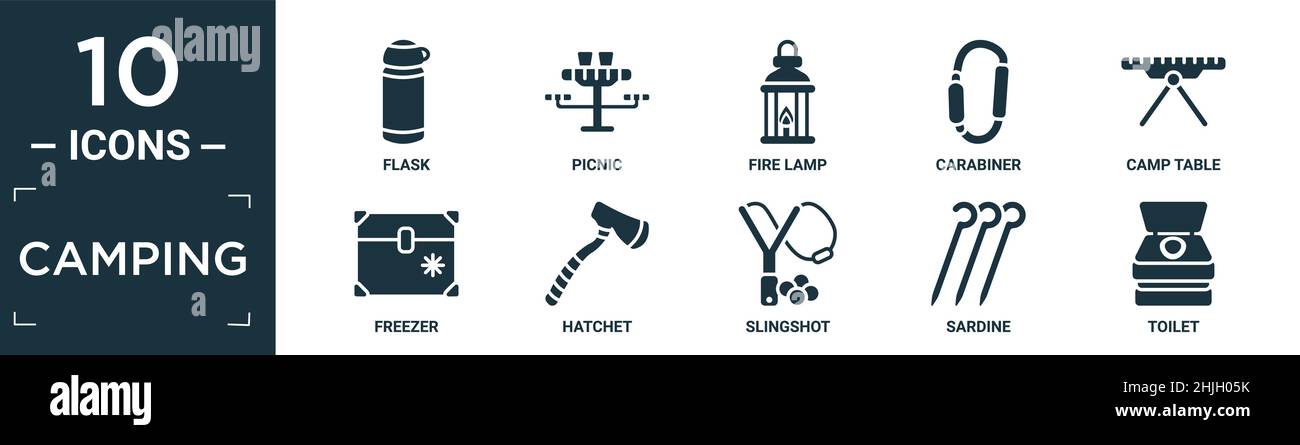 set di icone piene per campeggio. contiene fiasca piatta, picnic, lampada antincendio, moschettone, tavolo da campeggio, freezer, hatchet, slingshot, sardine, icone wc in modificabile Illustrazione Vettoriale