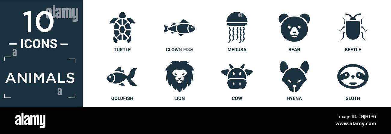 animali riempiti icona set. contengono tartaruga piatta, pesce pagliaccio, medusa, orso, scarabeo, pesci d'oro, leone, mucca, hyena, icone di sloth in formato modificabile. Illustrazione Vettoriale