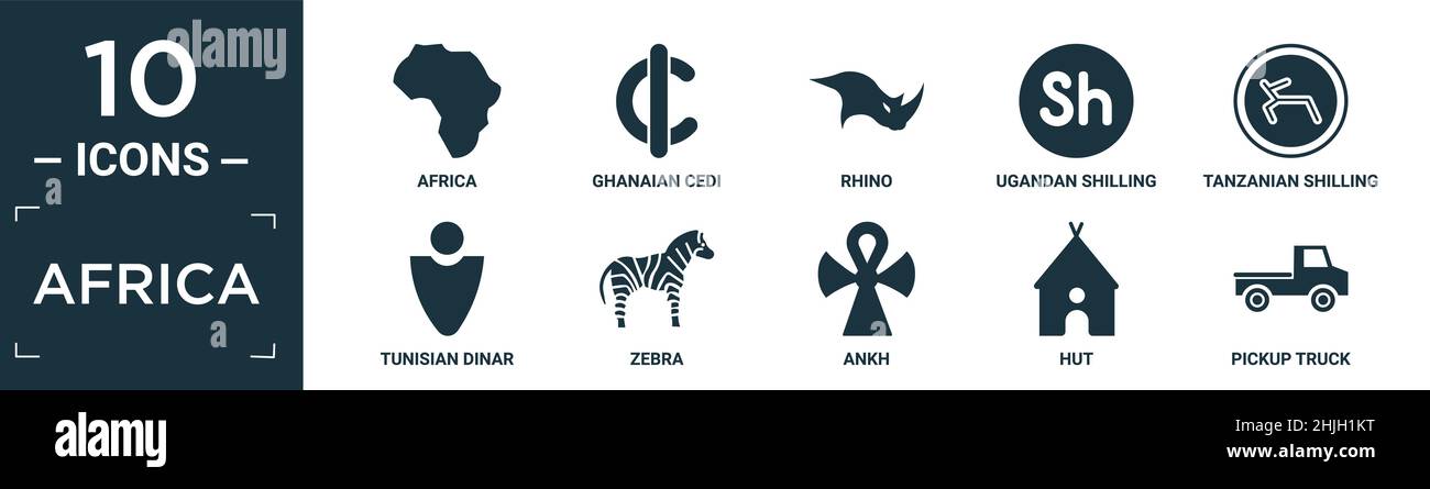 filled africa icon set. contiene l'africa piatta, cedi ghanaian, rhino, scellino ugandese, scellino tanzaniano, dinaro tunisino, zebra, ankh, capanna, pick truc Illustrazione Vettoriale