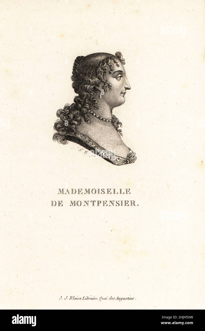 Ritratto del profilo di Mademoiselle de Montpensier. Anne Marie Louise d'Orleans, duchessa di Montpensier, 1627-1693. La Grande Mademoiselle, figlia di Gaston d'Orleans con la sua prima moglie, Marie de Borbon. Incisione in copperplate di G.T. della Collezione des Vingt di Marie de Rabutin-Chantal Sevigne Portraits du Siecle de Louis XIV, Collezione dei 20 Ritratti del secolo di Re Luigi XIV, J.J. Blaise, bibliotecario, Quai des Augustins, Parigi, 1818. Foto Stock