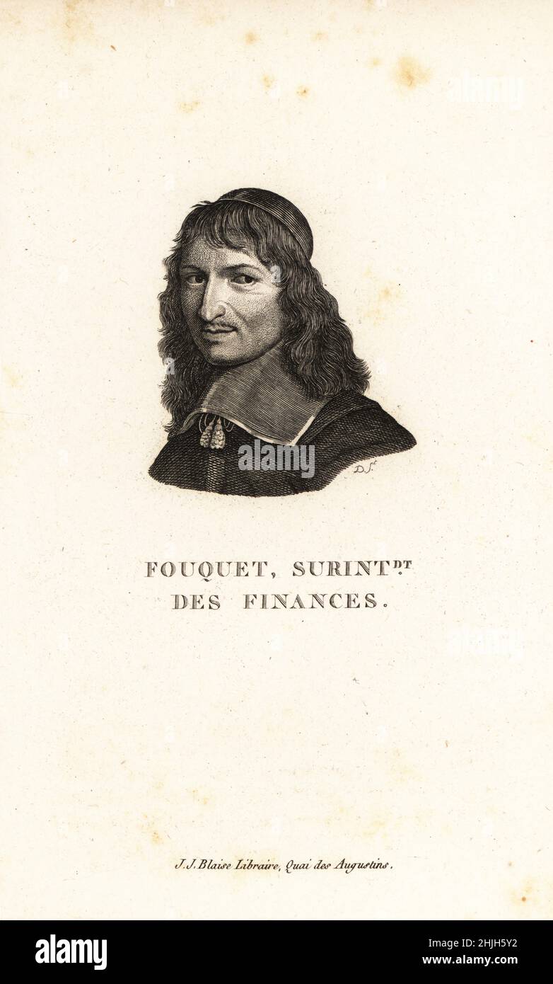 Nicolas Fouquet, sovrintendente delle finanze, 1615-1680. Marquis de Belle-Île, vicomte de Melun et Vaux, ministro sotto il re Luigi XIV Fouquet, Surintdt des finances. Incisione in copperplate di D dopo Charles le Brun dalla Collezione des Vingt Ritratti du Siecle de Louis XIV di Marie de Rabutin-Chantal Sevigne, Collezione del 20 Ritratti del secolo di Re Luigi XIV, J.J. Blaise, bibliotecario, Quai des Augustins, Parigi, 1818. Foto Stock