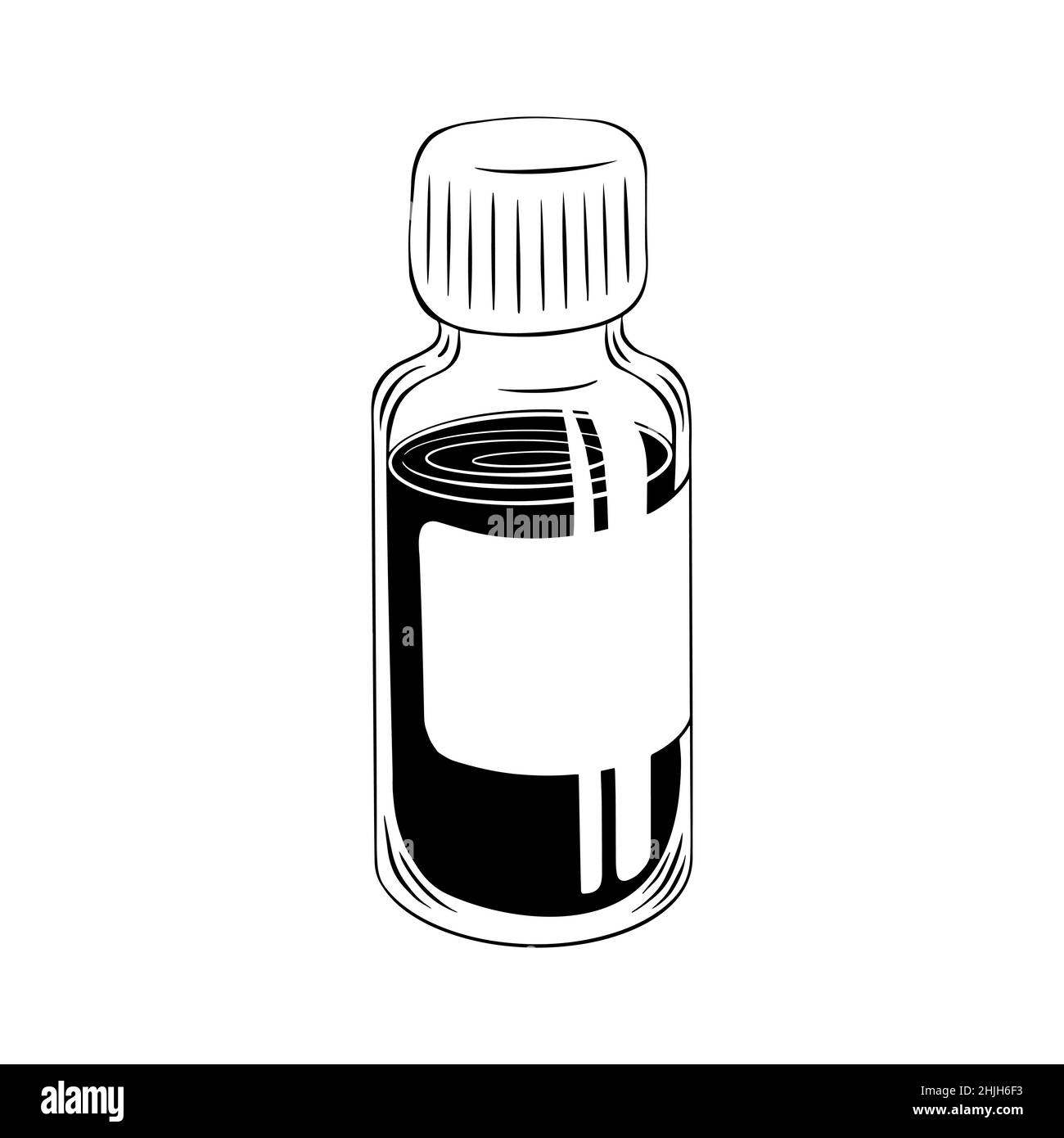 Flacone in vetro per medicinali con miscela liquida all'interno. Vaso vintage abbellente con etichetta vuota isolata su sfondo bianco. Illustrazione vettoriale. Illustrazione Vettoriale