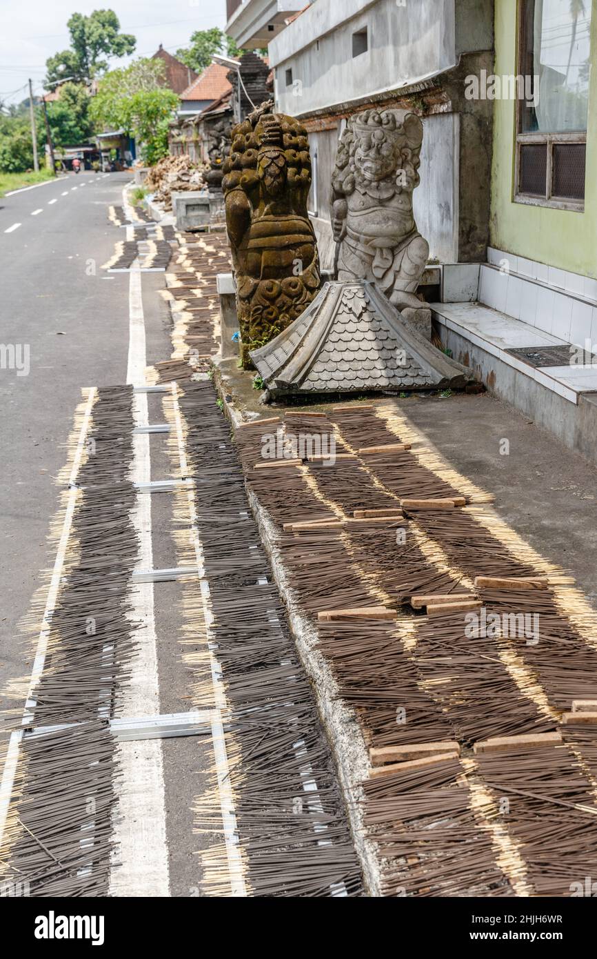 Bastoni di incenso fatti in casa che asciugano sul lato della strada. Gianyar, Bali, Indonesia. Foto Stock