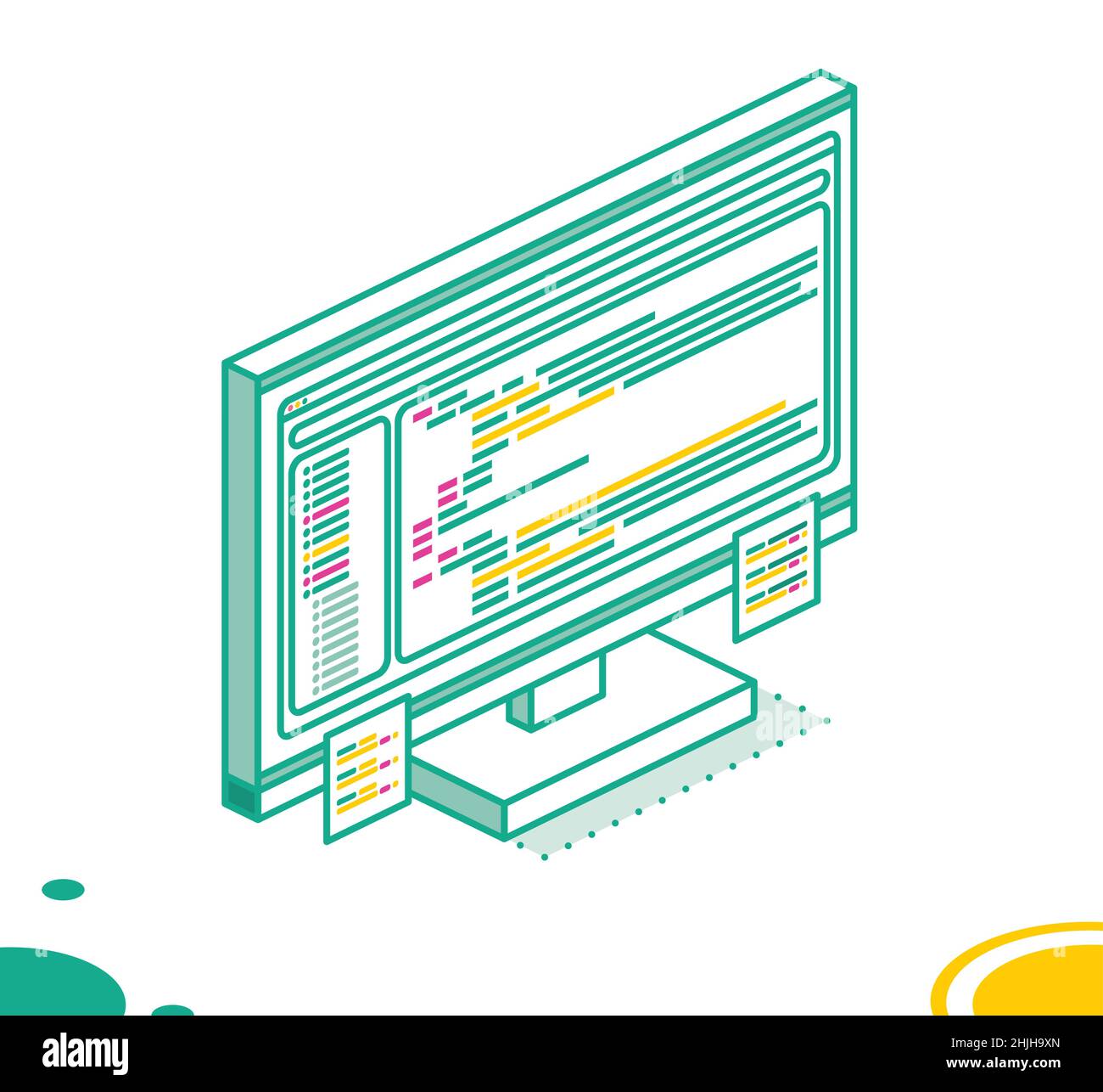 Monoblocco isometrico per PC con codice programma e due adesivi. Monitor contorno isolato su sfondo bianco. Illustrazione vettoriale. Illustrazione Vettoriale