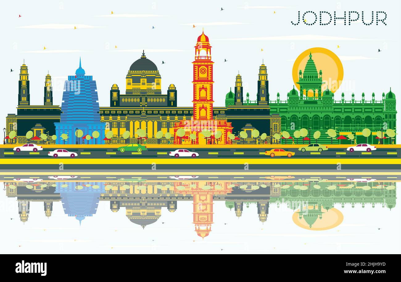 Jodhpur India skyline della città con edifici di colore, cielo blu e riflessi. Illustrazione Vettoriale. Viaggi di lavoro e di concetto con architettura storica Illustrazione Vettoriale