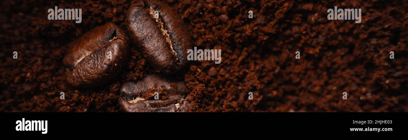 macro fotografia di chicchi di caffè interi. banner pubblicitario di caffè bevanda primo piano. Indietro con spazio per la copia. Caffè in grani e caffè macinato. Vista dall'alto. Disposizione piatta Foto Stock