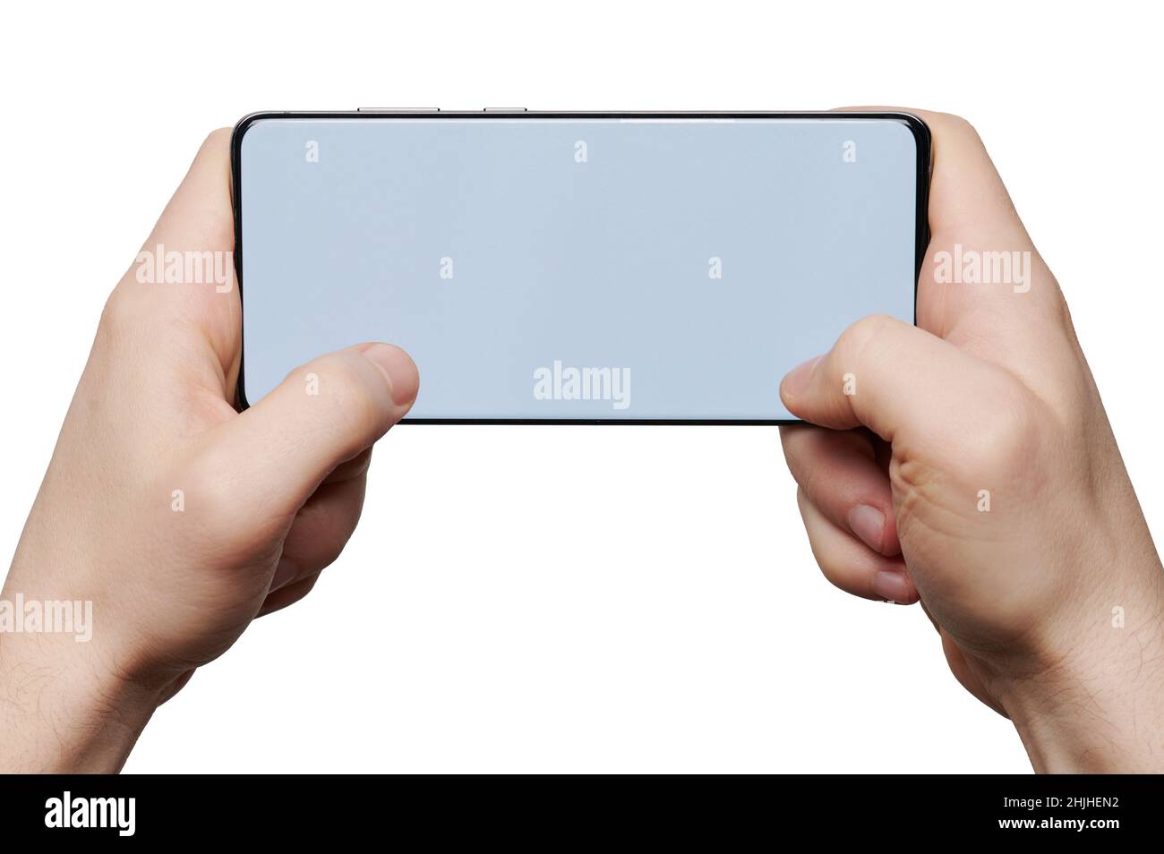 Schermo a sfioramento sullo smartphone con le dita isolate su sfondo bianco dello studio Foto Stock