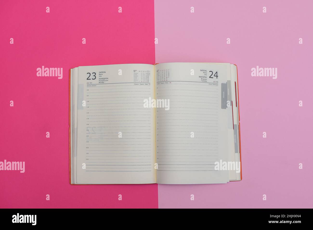 Diario aperto sul tavolo rosa che pianifica il loro tempo Foto Stock