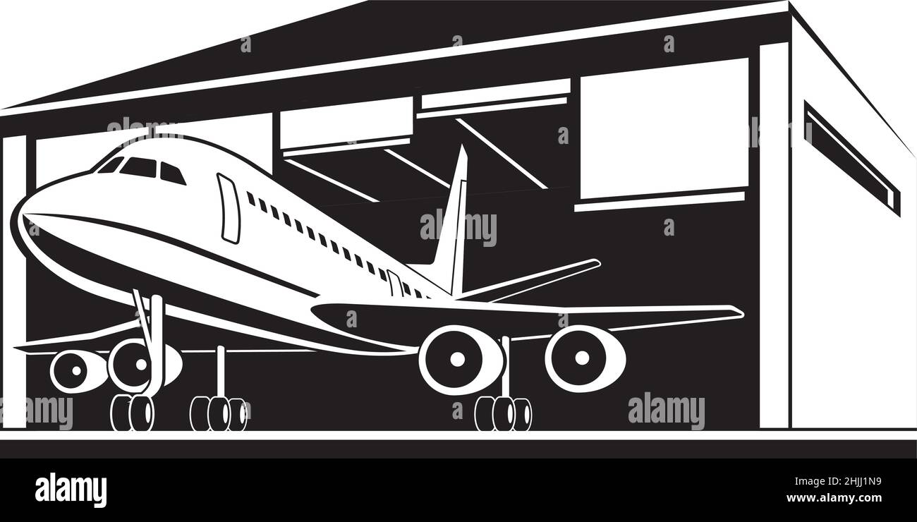 L'aereo esce hangar all'aeroporto - illustrazione vettoriale Illustrazione Vettoriale