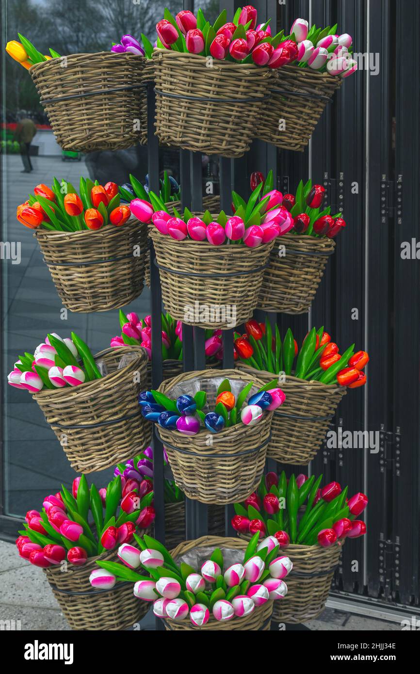 Fantastici mazzi colorati di tulipani in legno nel cestino sul piedistallo. Negozio di souvenir olandese con oggetti decorativi vicino ad Amsterdam, Paesi Bassi, Euro Foto Stock