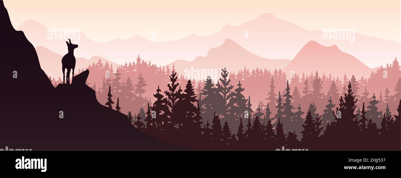 Banner orizzontale. Un camoscio si erge sulla cima di una collina con montagne e foreste sullo sfondo. Silhouette con sfondo rosa e viola. Illustrazione. Foto Stock