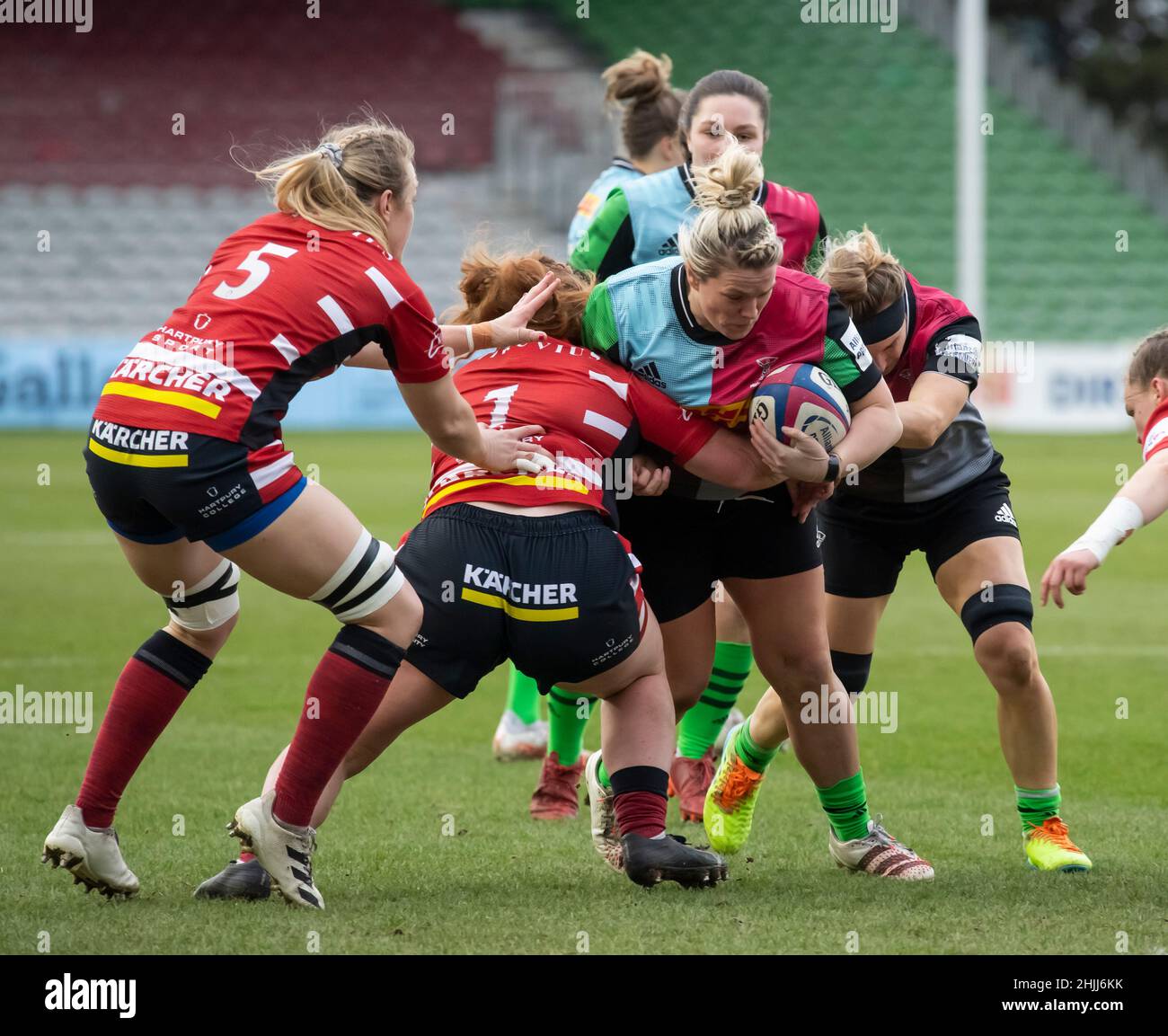 TWICKENHAM - INGHILTERRA 29 JAN 22: Rosie Galligan di Harlequins in azione durante Allianz Premier 15s Match tra Harlequins Women e Gloucester-Hartpu Foto Stock