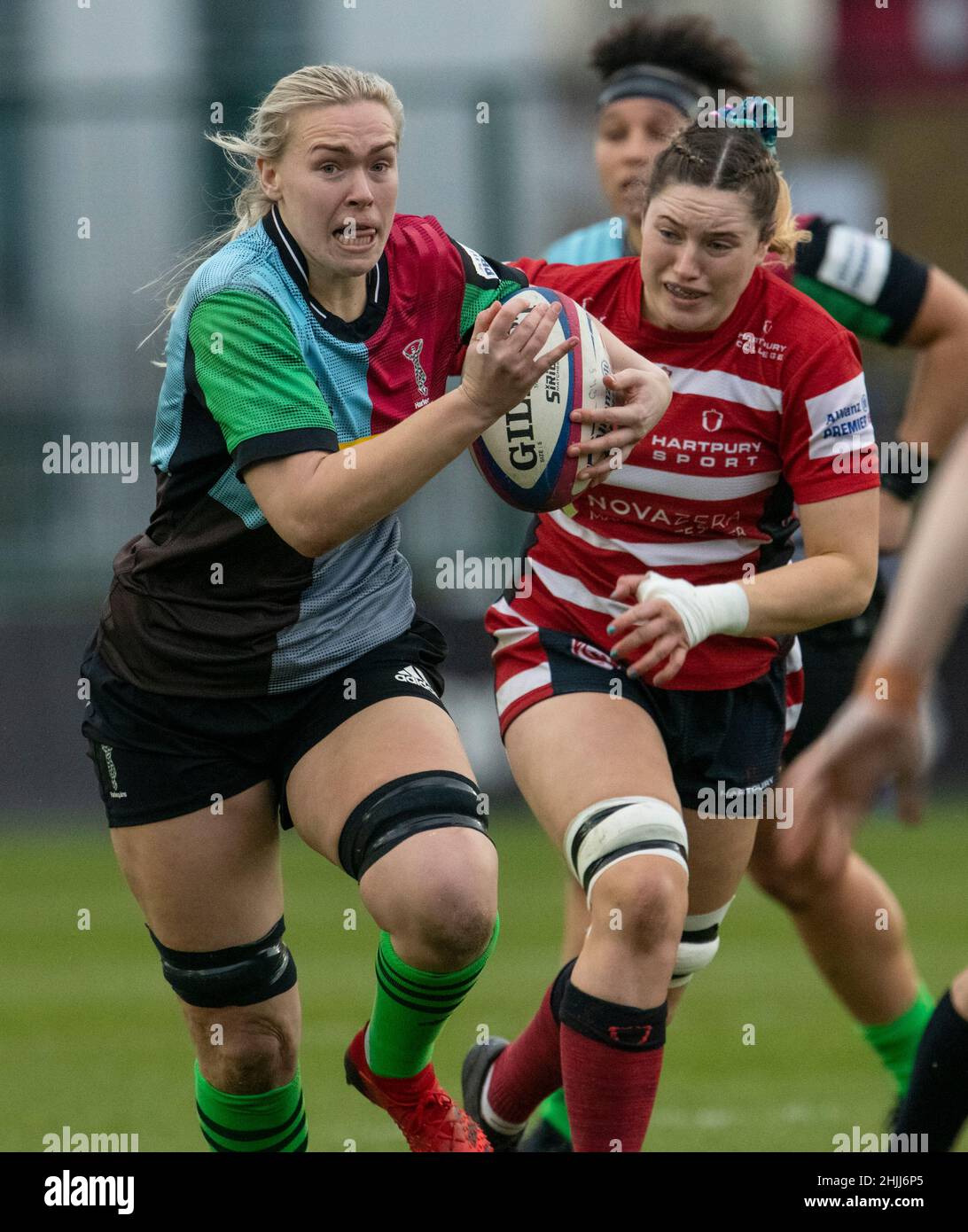 TWICKENHAM - INGHILTERRA 29 JAN 22: Rosie Galligan di Harlequins in azione durante Allianz Premier 15s Match tra Harlequins Women e Gloucester-Hartpu Foto Stock